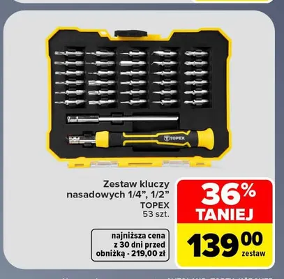 Zestaw kluczy nasadowych 1/4", 1/2" Topex 53 szt. promocja w Carrefour