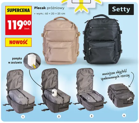 Plecak próżniowy Setty wym.: 40x20x25cm promocja w Biedronka