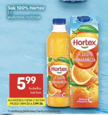 Sok 100% Pomarańcza Hortex promocja w Delikatesy Centrum