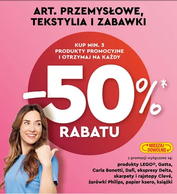 Artykuły przemysłowe, tekstylia i zabawki -50% przy zakupie 3 promocja w Biedronka