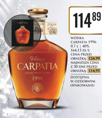 Wódka Carpatia 1996 40% w ozdobnym opakowaniu promocja w Dino