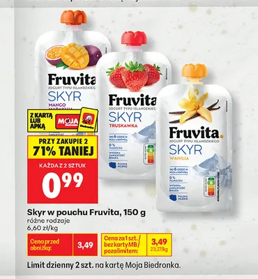 Skyr w pouchu Fruvita mango marakuja promocja w Biedronka