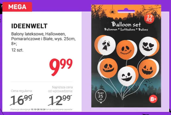 Balony lateksowe Halloween pomarańczowe i białe Ideenwelt promocja w Rossmann