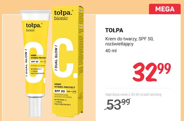 Krem do twarzy Tołpa. bionic Dual Glow Hydro-Protect SPF 50 rozświetlający promocja w Rossmann