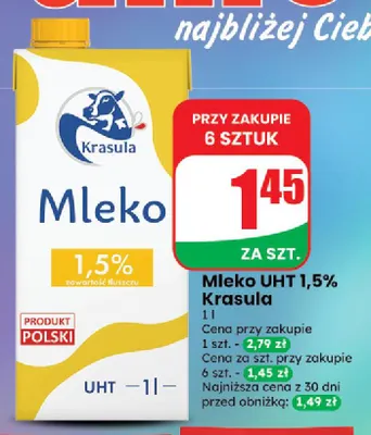 Mleko UHT Krasula 1,5% promocja w Dino