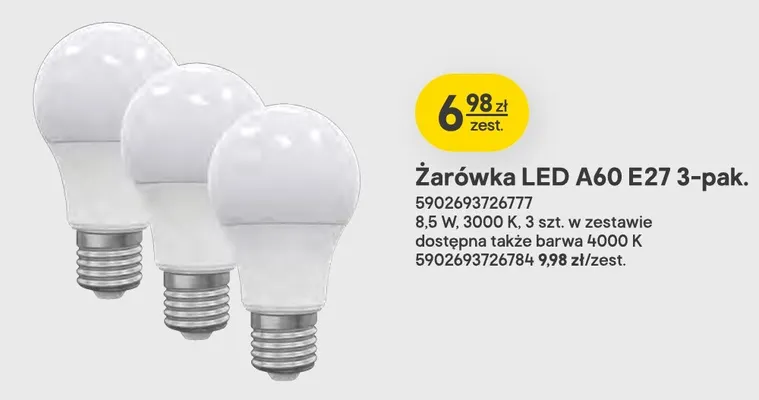 Żarówka LED A60 E27 4000K 3-pak promocja w Castorama