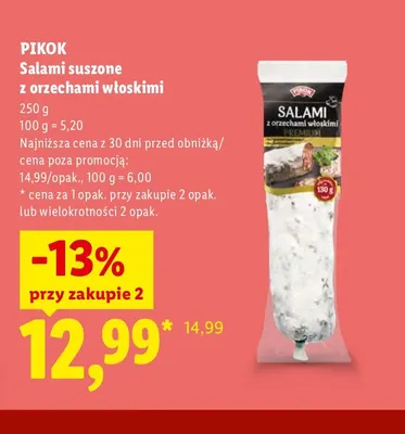 Salami suszone z orzechami włoskimi Pikok promocja w Lidl