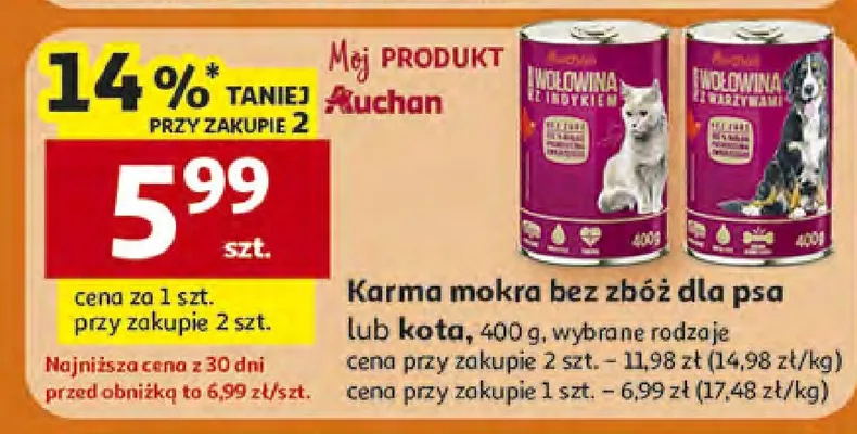 Karma mokra bez zbóż dla psa lub kota promocja w Auchan