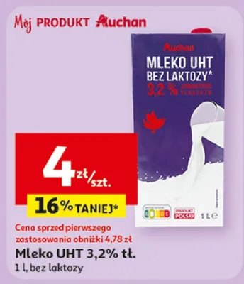 Mleko UHT 3,2% tł. bez laktozy Auchan promocja w Auchan