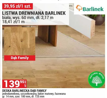 Deska barlinecka Dąb Family jednolamelowa, szczotkowana, lakier matowy, fazowana gr. 14mm, szer. 180mm, dł. 725mm promocja w Merkury Market