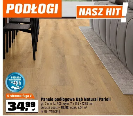 Panele podłogowe Dąb Natural Parioli gr. 7mm, kl. AC5, wym. 1,285m x 192mm promocja w OBI