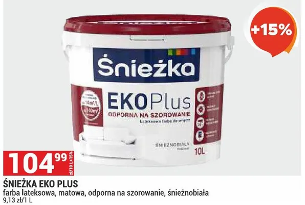Śnieżka Eko Plus farba lateksowa matowa odporna na szorowanie śnieżnobiała promocja w Merkury Market