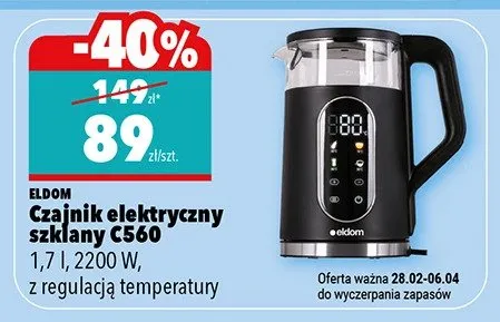 Czajnik elektryczny szklany CS60 1,7 l, 2200 W, z regulacją temperatury promocja w Biedronka