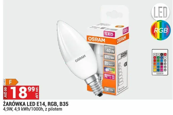 Żarówka LED E14, RGB, B35 4,9W, 4,9 kWh/1000h, z pilotem promocja w Merkury Market
