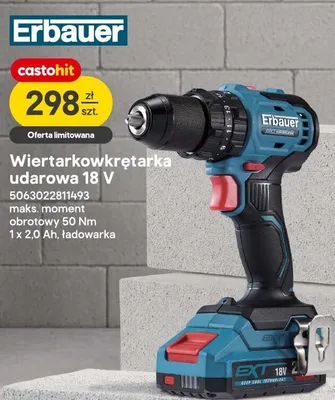 Wiertarkowkrętarka udarowa Erbauer 18V maks. moment obrotowy 50Nm 1x2,0Ah ładowarka promocja w Castorama