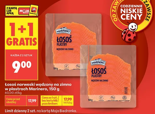 Łosoś norweski wędzony na zimno w plastrach Marinero promocja w Biedronka