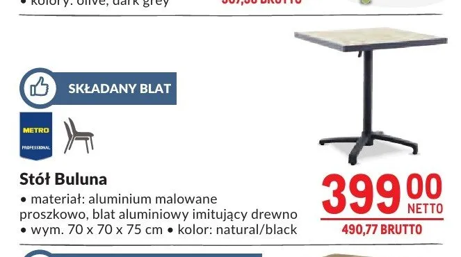 Stół Buluna aluminium malowane proszkowo blat aluminiowy imitujący drewno 70x70x75cm promocja w Makro