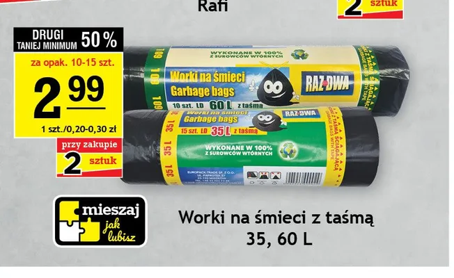 Worki na śmieci z taśmą Raz Dwa 35 l promocja w Gram Market