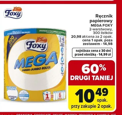 Ręcznik papierowy MEGA FOXY 2-warstwowy 300 listków promocja w Carrefour