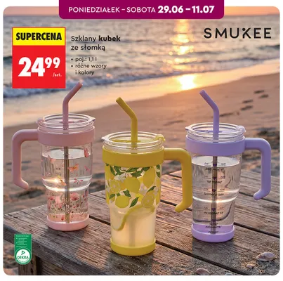 Szklany kubek ze słomką Smukee 1,1 l promocja w Biedronka