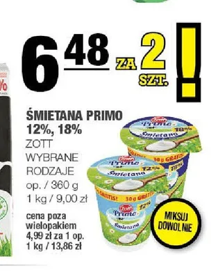Śmietana Primo 18% Zott promocja w SPAR