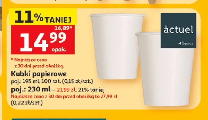Kubki papierowe Actuel 195 ml promocja w Auchan