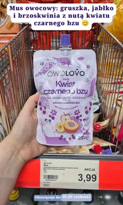 Mus owocowy Owolovo gruszka, jabłko i brzoskwinia z nutą kwiatu czarnego bzu promocja w Aldi