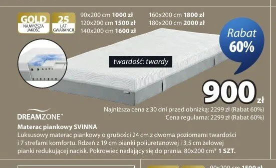 Materac piankowy DREAMZONE SVINNA twardy 160x200cm promocja w Jysk