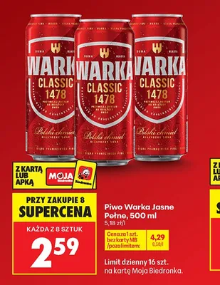 Piwo Warka Jasne Pełne promocja w Biedronka