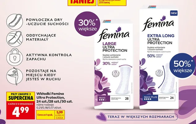 Wkładki higieniczne Femina Large Ultra Protection promocja w Biedronka