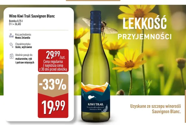 Wino Kiwi Trail Sauvignon Blanc białe wytrawne Nowa Zelandia promocja w Aldi