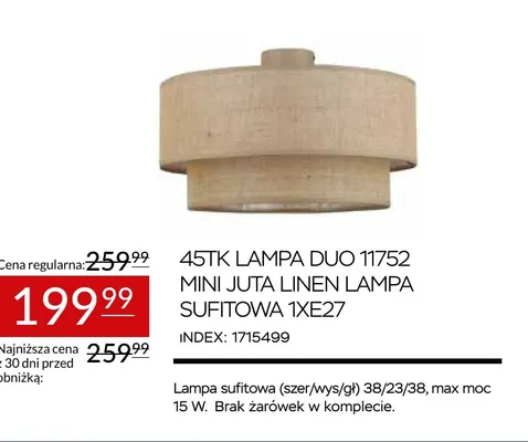 Lampa sufitowa 45TK Duo 11752 Mini Juta Linen promocja w Abra Meble