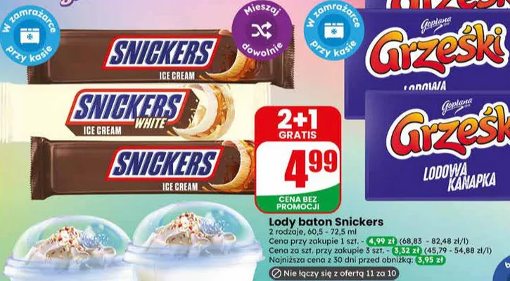 Lody baton Snickers 2 rodzaje promocja w Dino