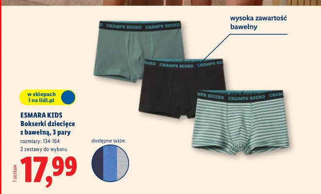 Bokserki dziecięce z bawełną, 3 pary promocja w Lidl