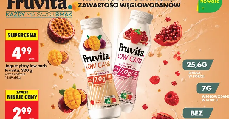 Jogurt pitny Fruvita Low Carb malina-granat promocja w Biedronka