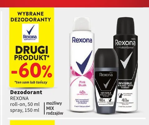 Dezodorant roll-on Rexona Men Invisible on Black+White Clothes promocja w Intermarche