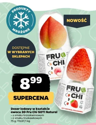 Deser lodowy w kształcie owocu 3D Fru Chi SOTI Natural o smaku truskawkowym promocja w Netto