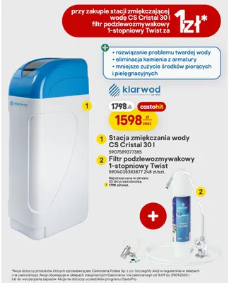 Zestaw stacja zmiękczania wody Cs Cristal 30 l + filtr podzlewozmywakowy 1-stopniowy Twist Klarwod promocja w Castorama