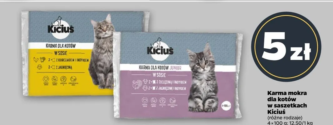 Karma mokra dla kotów w saszetkach różne rodzaje promocja w Netto