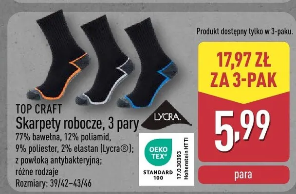 Skarpety robocze, 3 pary promocja w Aldi