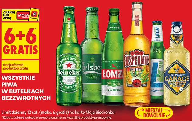 Wszystkie piwa w butelkach bezzwrotnych 6+6 GRATIS promocja w Biedronka