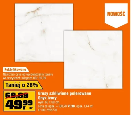 Gresy szkliwione polerowane Onyx ivory wym. 60x60cm nr OBI 7595770 promocja w OBI