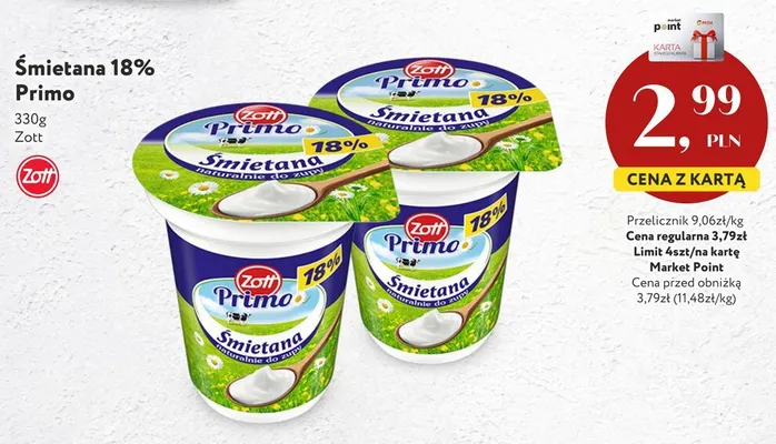 Śmietana 18% Primo Zott promocja w Market Point