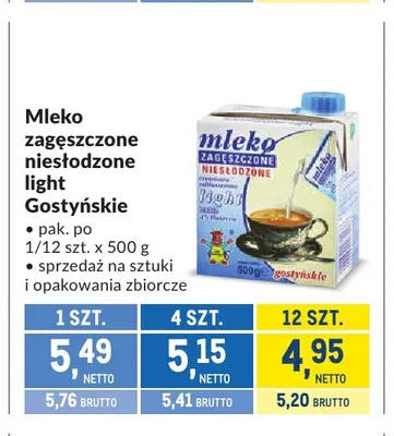 Mleko zagęszczone niesłodzone light Gostyńskie promocja w Makro