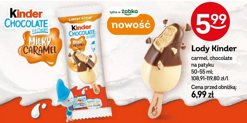 Lody Kinder caramel, chocolate na patyku promocja w Żabka