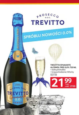 Wino musujące bezalkoholowe Trevitto Spumante Alcohol Free promocja w Selgros