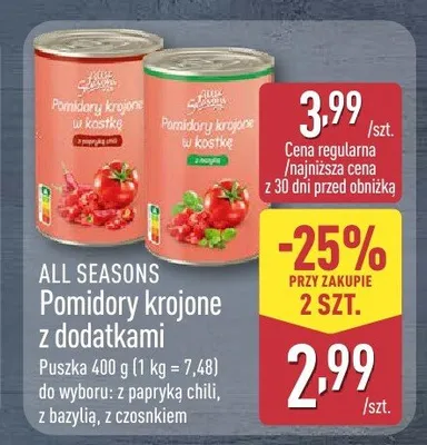 Pomidory krojone z dodatkami z papryką chili z bazylią z czosnkiem promocja w Aldi