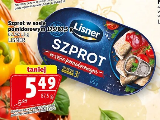 Szprot w sosie pomidorowym Lisner promocja w Prim Market