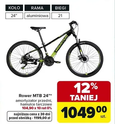 Rower MTB 24" amortyzator przedni, hamulce tarczowe promocja w Carrefour