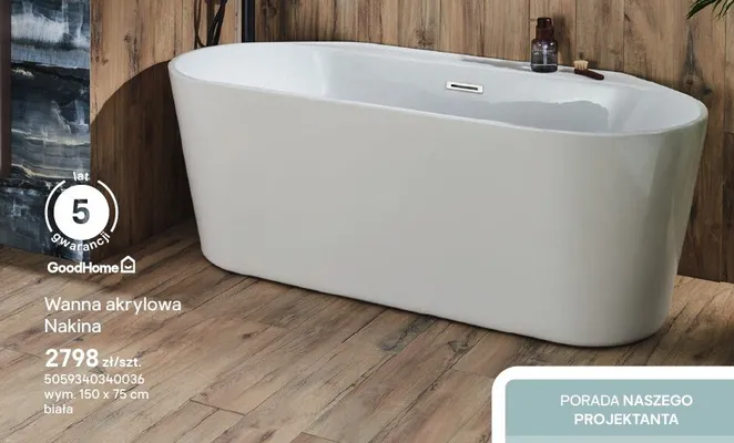 Wanna akrylowa GoodHome Nakina 150x75 cm biała promocja w Castorama